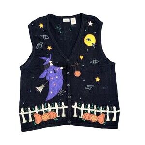 Bobbie Brookes Halloween Sweater Vest Witch Bats Pumpkins size 22/24 Vintage